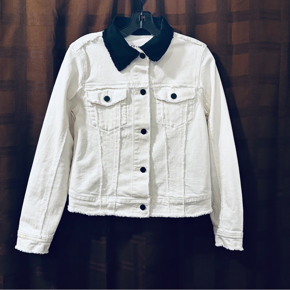 Frame Block Denim Jacket Contrast Collar XS White Black Raw Hem - Picture 3 of 6